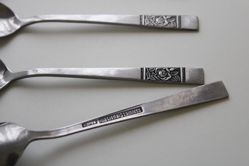 photo of National stainless Korea mod vintage flatware Laureen black rose pattern teaspoons #2