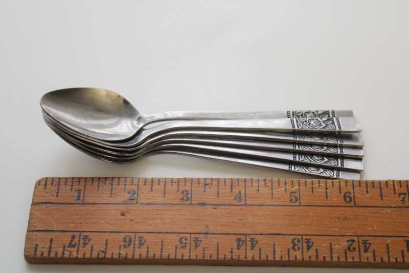 photo of National stainless Korea mod vintage flatware Laureen black rose pattern teaspoons #3