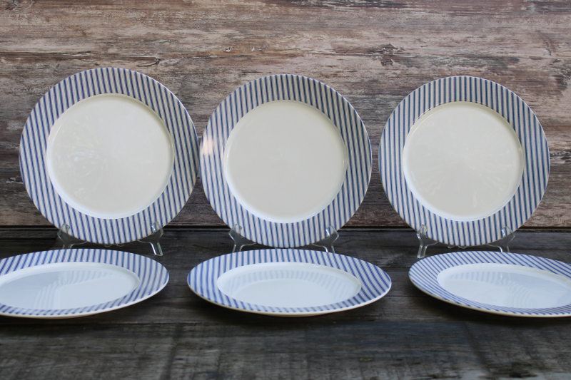 photo of Nautica Bermuda dinner plates set of 6, hard to find calico ticking stripe border blue & white  #1