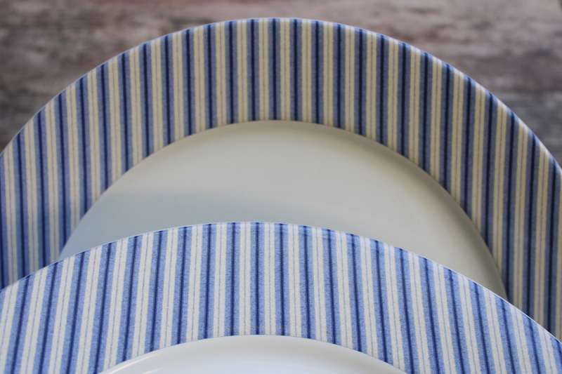 photo of Nautica Bermuda dinner plates set of 6, hard to find calico ticking stripe border blue & white  #3