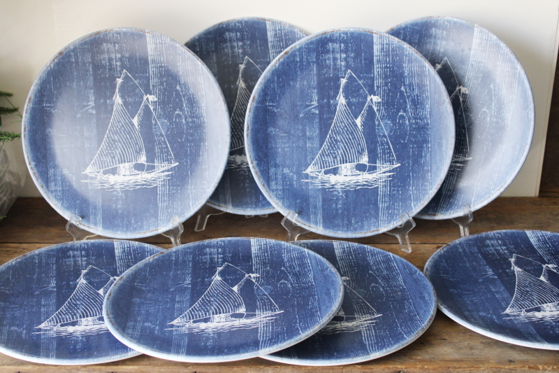 photo of Nautica Home melamine dinner plates set of 8 blue & white sailboat drawing coastal summer dinnerware  #1