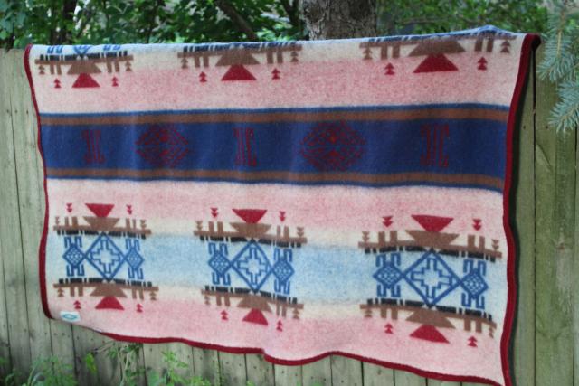 photo of Navajo label Indian camp bed blanket, vintage wool blanket w/ felt binding red & blue #5