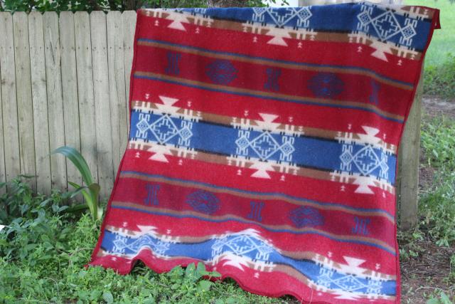 photo of Navajo label Indian camp bed blanket, vintage wool blanket w/ felt binding red & blue #6