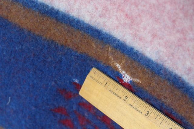 photo of Navajo label Indian camp bed blanket, vintage wool blanket w/ felt binding red & blue #7