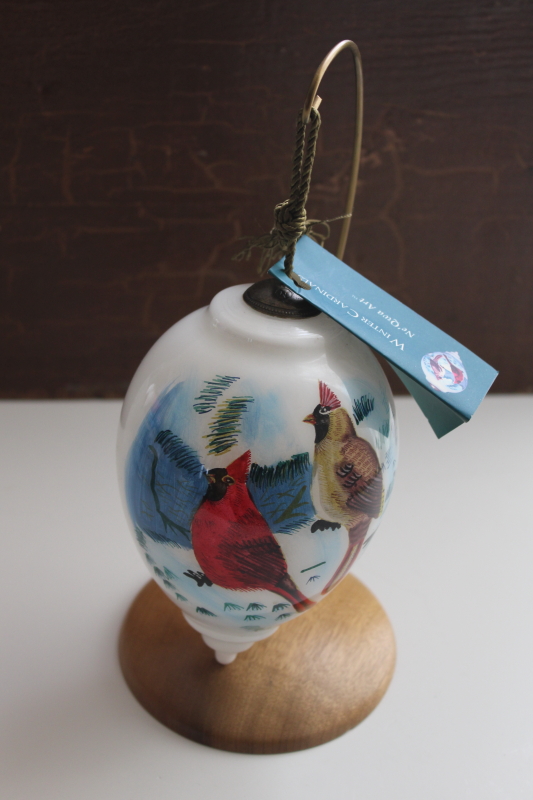 photo of NeQua art glass egg ornament Winter Cardinals hand painted artist signed #1