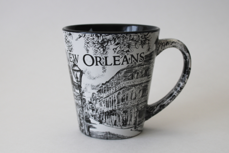 photo of New Orleans coffee mug, black & white print engraving French Quarter street scene  #1