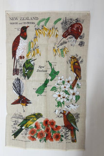 photo of New Zealand native birds & flowers vintage print linen tea towel, never used #1