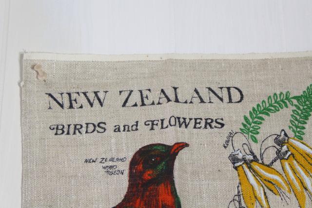 photo of New Zealand native birds & flowers vintage print linen tea towel, never used #2