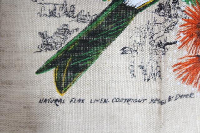 photo of New Zealand native birds & flowers vintage print linen tea towel, never used #3