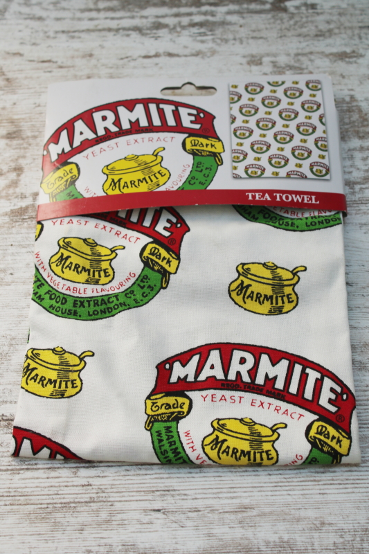 photo of New old stock cotton kitchen towel or tea towel, Marmite pots print vintage advertising graphics #1