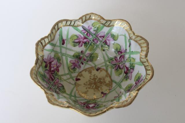 photo of Nippon vintage Japan hand painted china bowl, gold moriage & violets floral #6