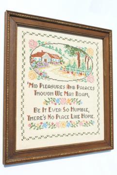 catalog photo of No Place Like Home motto vintage linen cross-stitch sampler, embroidered cottage picture