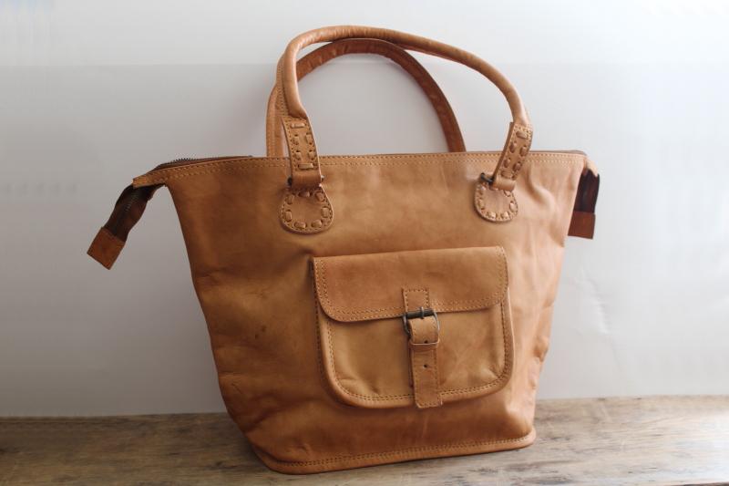 photo of Noonday rustic tan leather tote bag, large satchel purse w/ pockets, zipper close #1