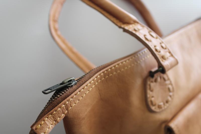 photo of Noonday rustic tan leather tote bag, large satchel purse w/ pockets, zipper close #3