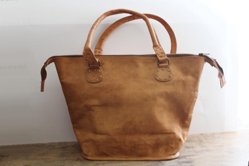 photo of Noonday rustic tan leather tote bag, large satchel purse w/ pockets, zipper close #4