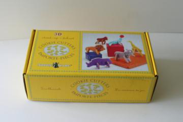 catalog photo of Nordic Ware plastic cookie cutters in original box, 3D standing animals circus zoo party