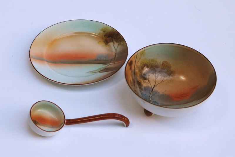 photo of Noritake hand painted china mayo bowl or sauce dish w/ plate & tiny ladle, vintage Japan  #1