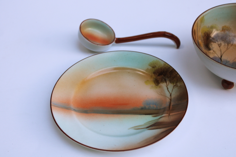 photo of Noritake hand painted china mayo bowl or sauce dish w/ plate & tiny ladle, vintage Japan #6