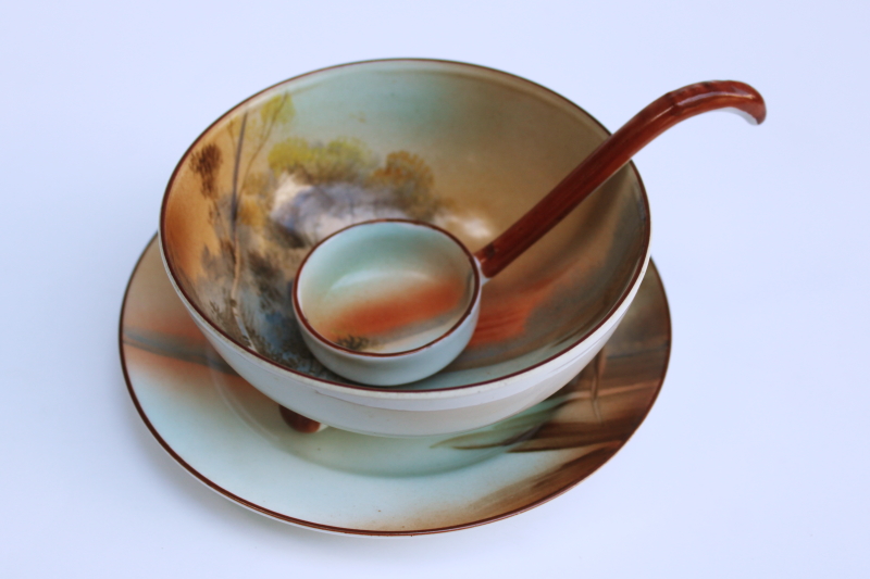 photo of Noritake hand painted china mayo bowl or sauce dish w/ plate & tiny ladle, vintage Japan #7
