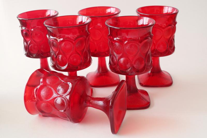 photo of Noritake spotlight pattern ruby red glass goblets, mid-century mod vintage wine glasses #3