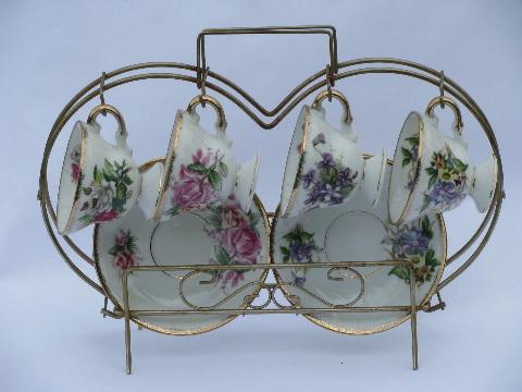 photo of Norleans - Japan vintage wire rack w/ flowered china tea cups & saucers #1