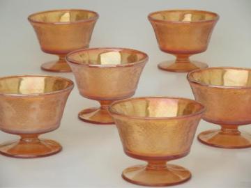 catalog photo of Normandie  pattern sherbet dishes,vintage  marigold iridescent carnival glass