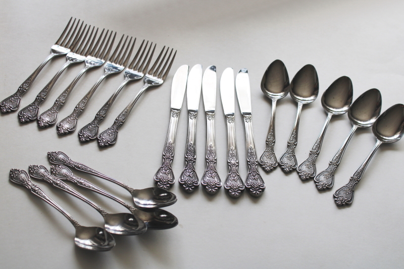 photo of Normandy ornate floral stainless flatware vintage Japan, 21 pieces forks, spoons, knives #1