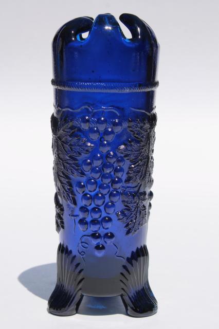 photo of Northwood grape and cable pattern vintage Mosser cobalt blue glass vase #1