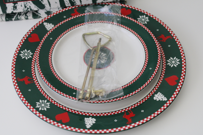 photo of Northwoods Christmas folk art border tiered tray dessert stand server new in box #3