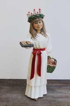 Norway resin figurine, Lucia queen girl w/ candles crown wreath & holiday saffron buns 