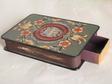 photo of Norwegian rosemaled pattern paper match box cover, old Norway souvenir #2