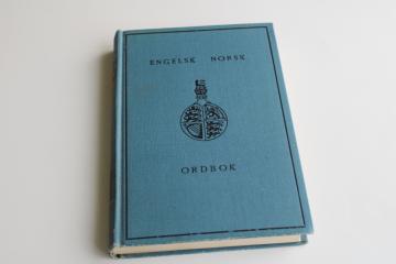 catalog photo of Norwegian to English dictionary, vintage book w/ blue cloth cover Scandinavian style 