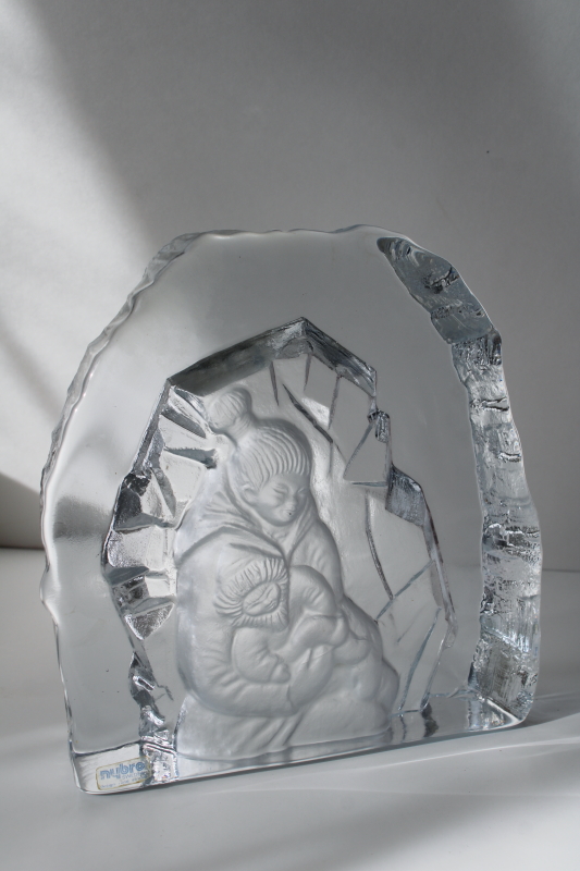 photo of Nybro Sweden art glass crystal, large heavy ice texture sculpture, Eskimo mother & child portrait  #1