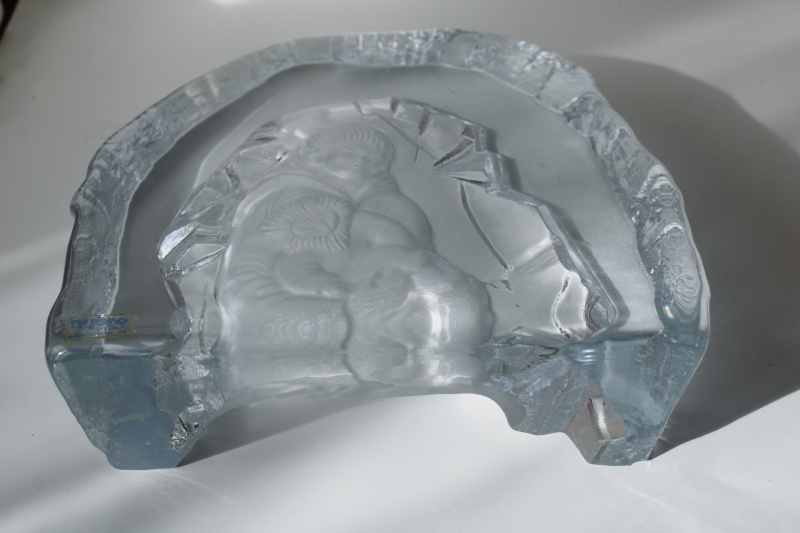 photo of Nybro Sweden art glass crystal, large heavy ice texture sculpture, Eskimo mother & child portrait  #3