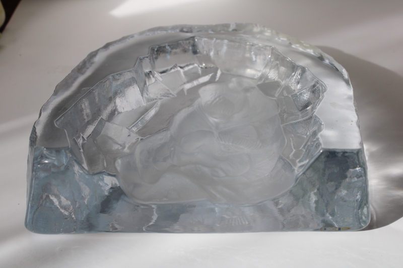 photo of Nybro Sweden art glass crystal, large heavy ice texture sculpture, Eskimo mother & child portrait  #4