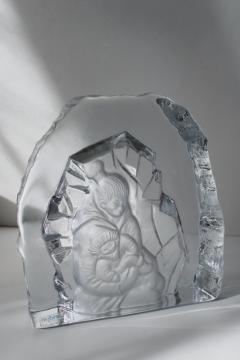 catalog photo of Nybro Sweden art glass crystal, large heavy ice texture sculpture, Eskimo mother & child portrait 