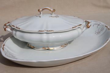 catalog photo of O P Co Syracuse China, vintage covered bowl tureen & large turkey platter, white w/ gold