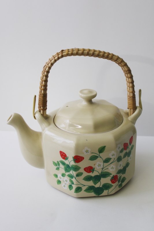 photo of OMC Japan label Otagiri vintage ceramic tea pot red strawberries pattern #1