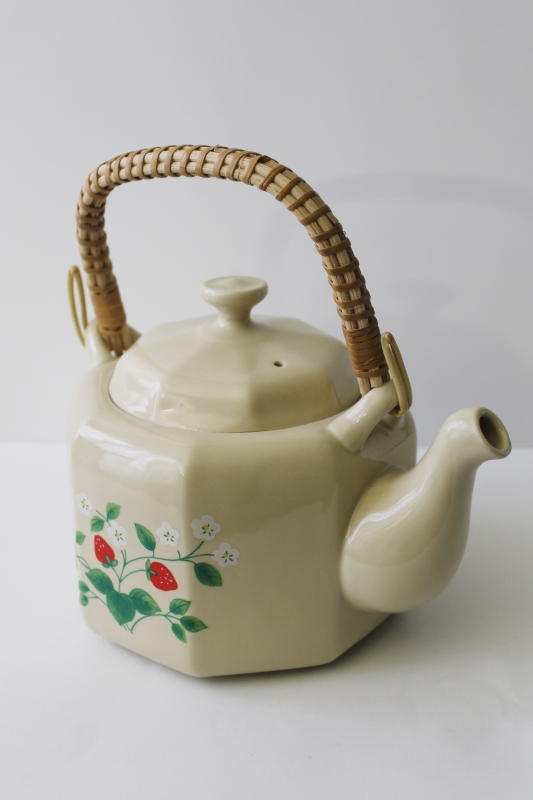 photo of OMC Japan label Otagiri vintage ceramic tea pot red strawberries pattern #2