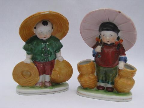 photo of Occupied Japan hand-painted china figurines, lg pr Chinese children #1