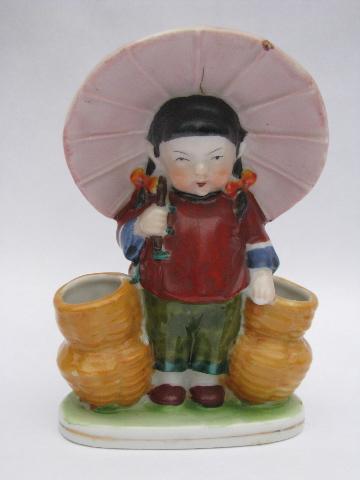 photo of Occupied Japan hand-painted china figurines, lg pr Chinese children #2