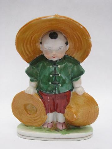 photo of Occupied Japan hand-painted china figurines, lg pr Chinese children #4