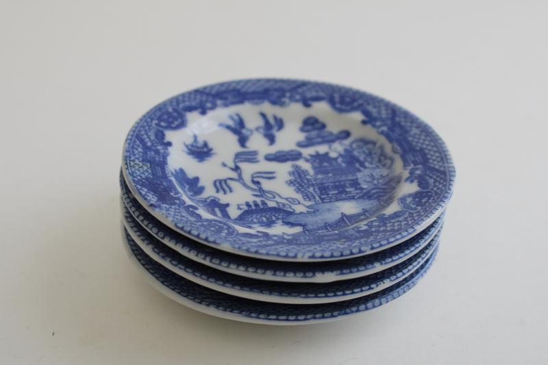 photo of Occupied Japan vintage blue willow china butter pats or tiny plates, set of four #3