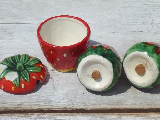 photo of Occupied Japan vintage ceramic condiment set, strawberry S&P, mustard pot #5