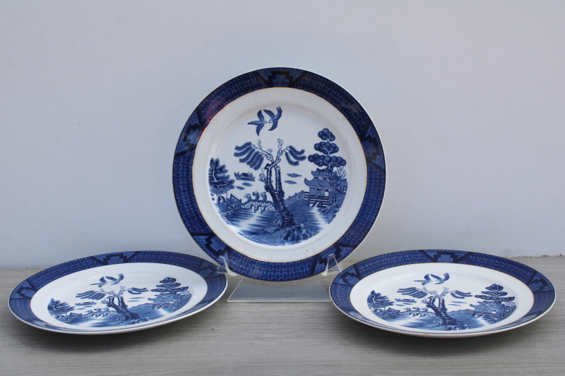 photo of Occupied Japan vintage ironstone dinner plates, Real Old Willow blue & white china Chinese export style #1