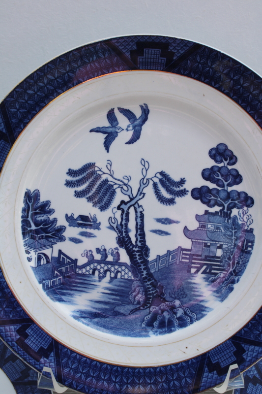 photo of Occupied Japan vintage ironstone dinner plates, Real Old Willow blue & white china Chinese export style #2