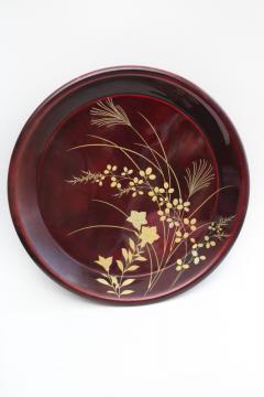 catalog photo of Occupied Japan vintage lacquerware tray, gold painted lacquer metal Maruni ware