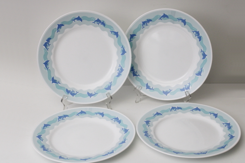 photo of Ocean Dance aqua blue dolphins vintage Corelle, set of four dinner plates #1