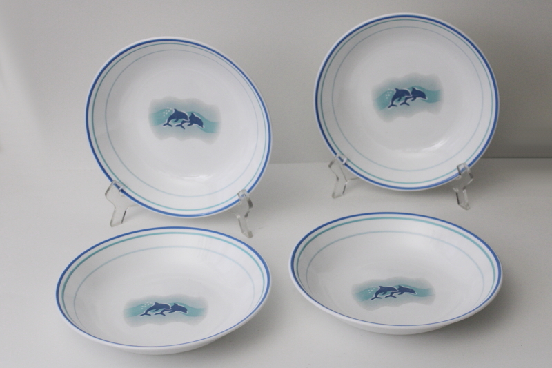 photo of Ocean Dance aqua blue dolphins vintage Corelle, set of four large soup bowls #1