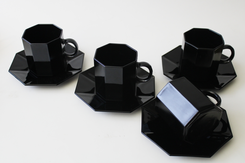 photo of Octime vintage Arcoroc ebony black glass demitasse cups & saucers, never used #1